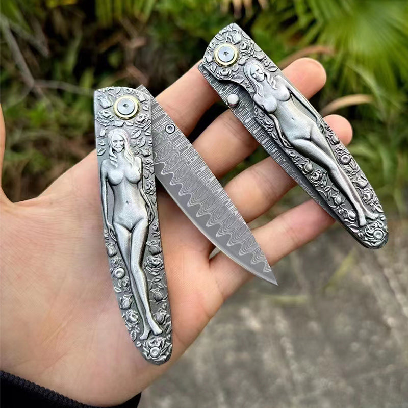 Double Sided Engraved Vintage Handle Folding Damascus Outdoor Pocket Tool
