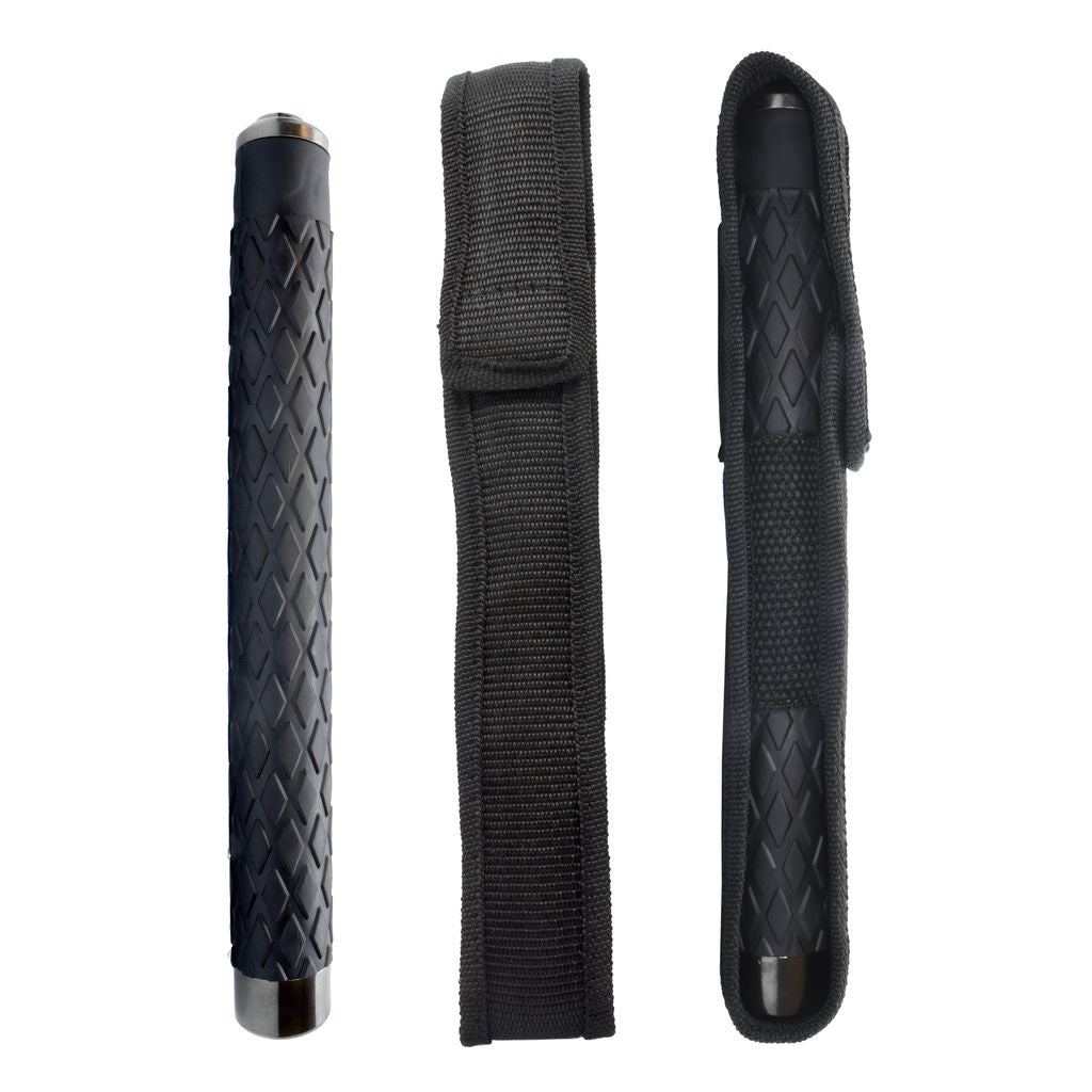 Quality hard steel baton for self defense protection includes one nylon holster.