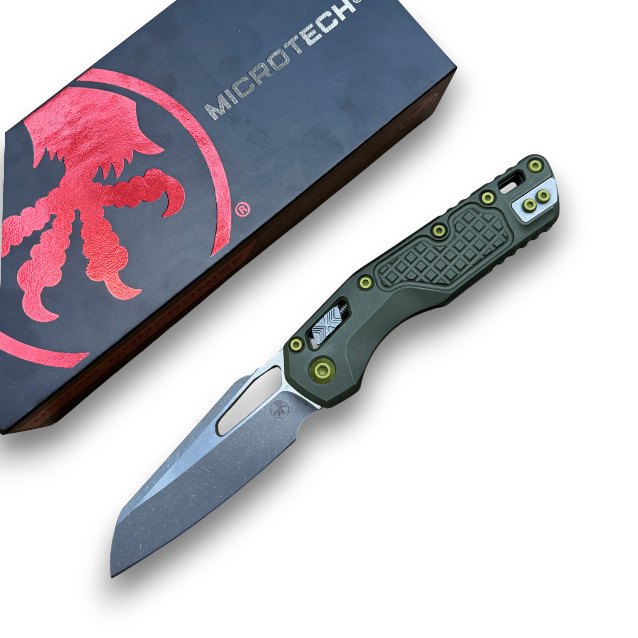Microtech MSI RAM-LOK Folding Knife – M390MK Apocalyptic Sheepsfoot, Distressed Green Aluminum Frag Handle