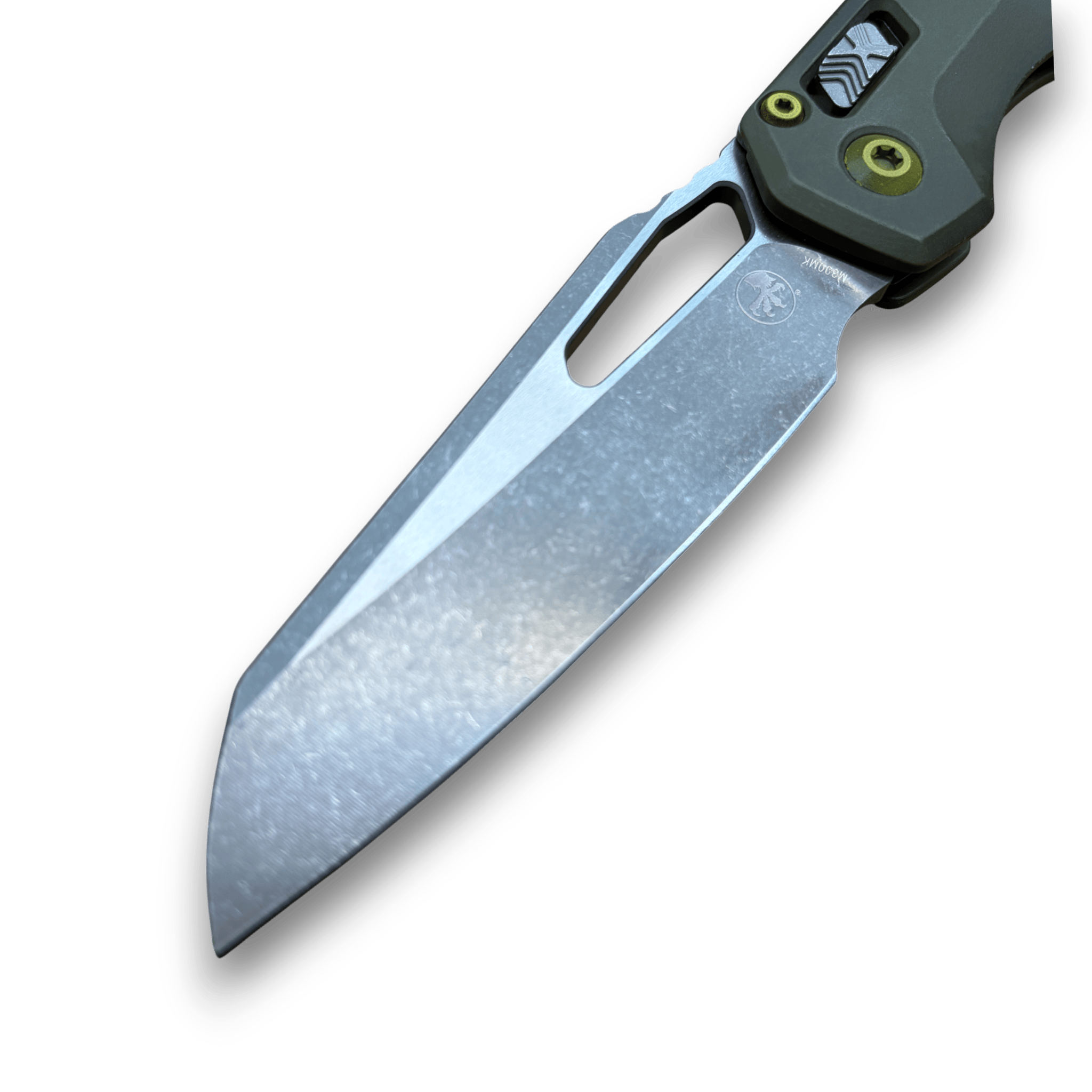 Microtech MSI RAM-LOK Folding Knife – M390MK Apocalyptic Sheepsfoot, Distressed Green Aluminum Frag Handle