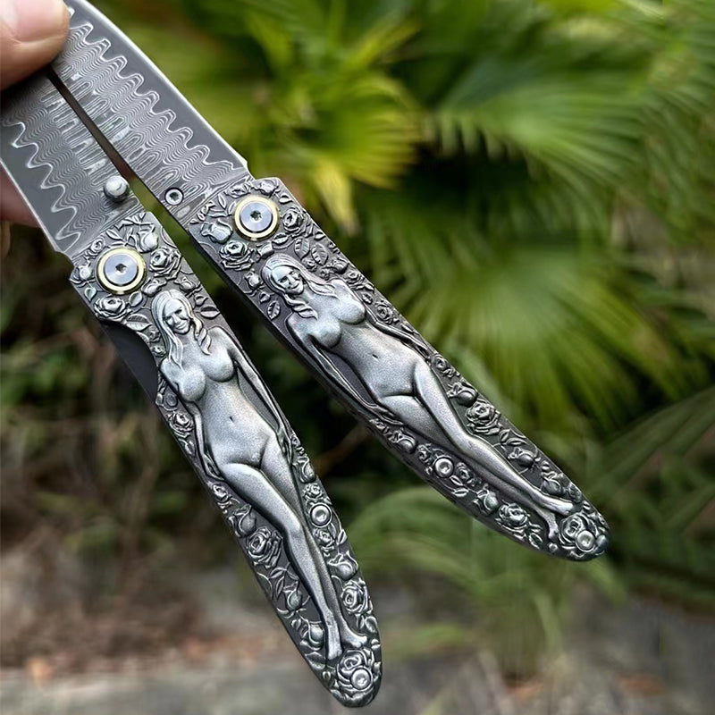 Double Sided Engraved Vintage Handle Folding Damascus Outdoor Pocket Tool