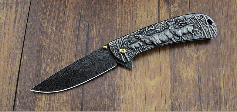 Sheep Eagle Horse-Embossed Handle Folding Knife Outdoor Camping Hunting Pocket EDC Tool