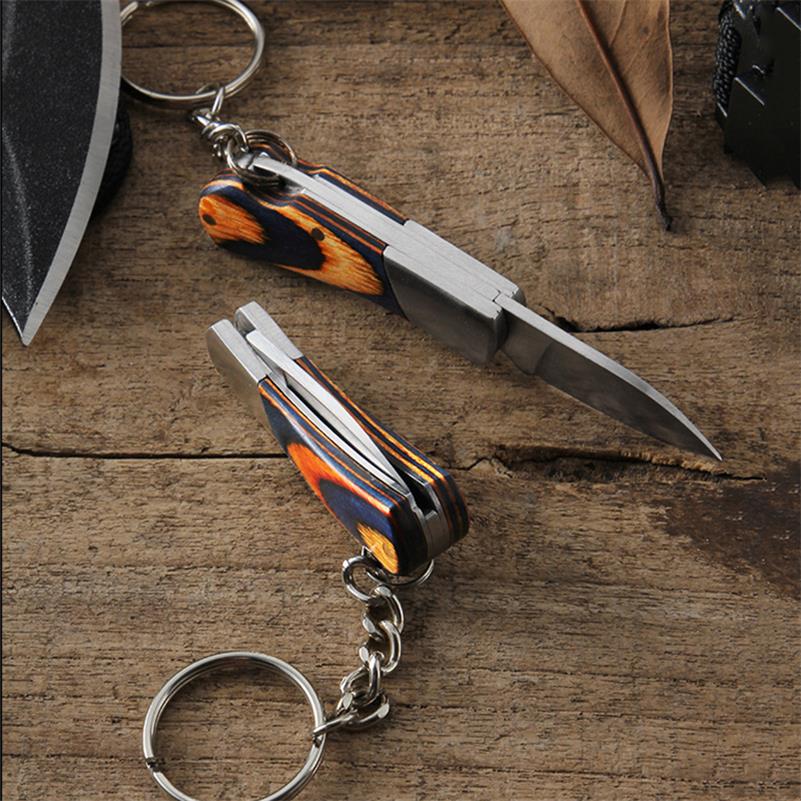 Mini Folding Keychain Wooden Handle Pocket Backpack Tool