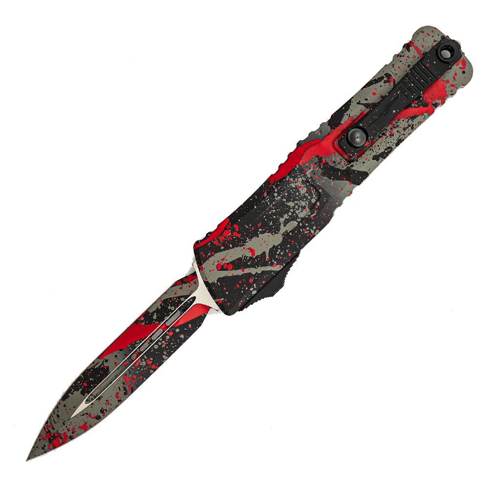 Microtech Combat Troodon Gen III 1142-1BGBKRDSPLS – Automatic OTF Double-Edge Bull Shark Gray Blade Red Splatter Accents