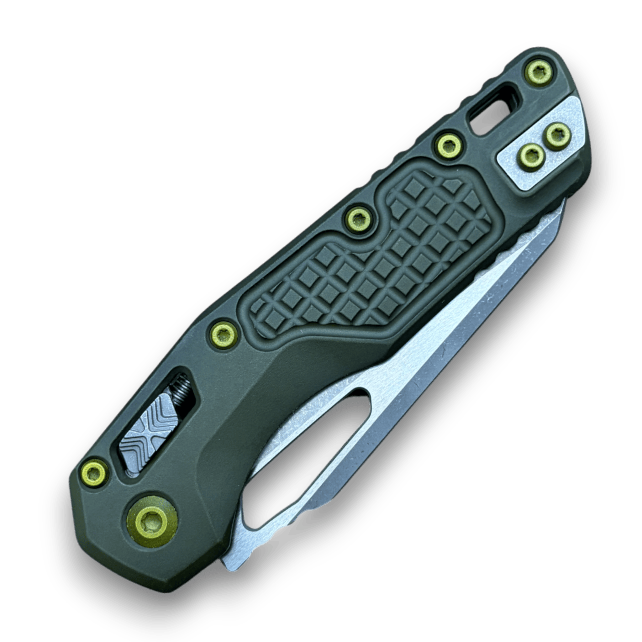 Microtech MSI RAM-LOK Folding Knife – M390MK Apocalyptic Sheepsfoot, Distressed Green Aluminum Frag Handle