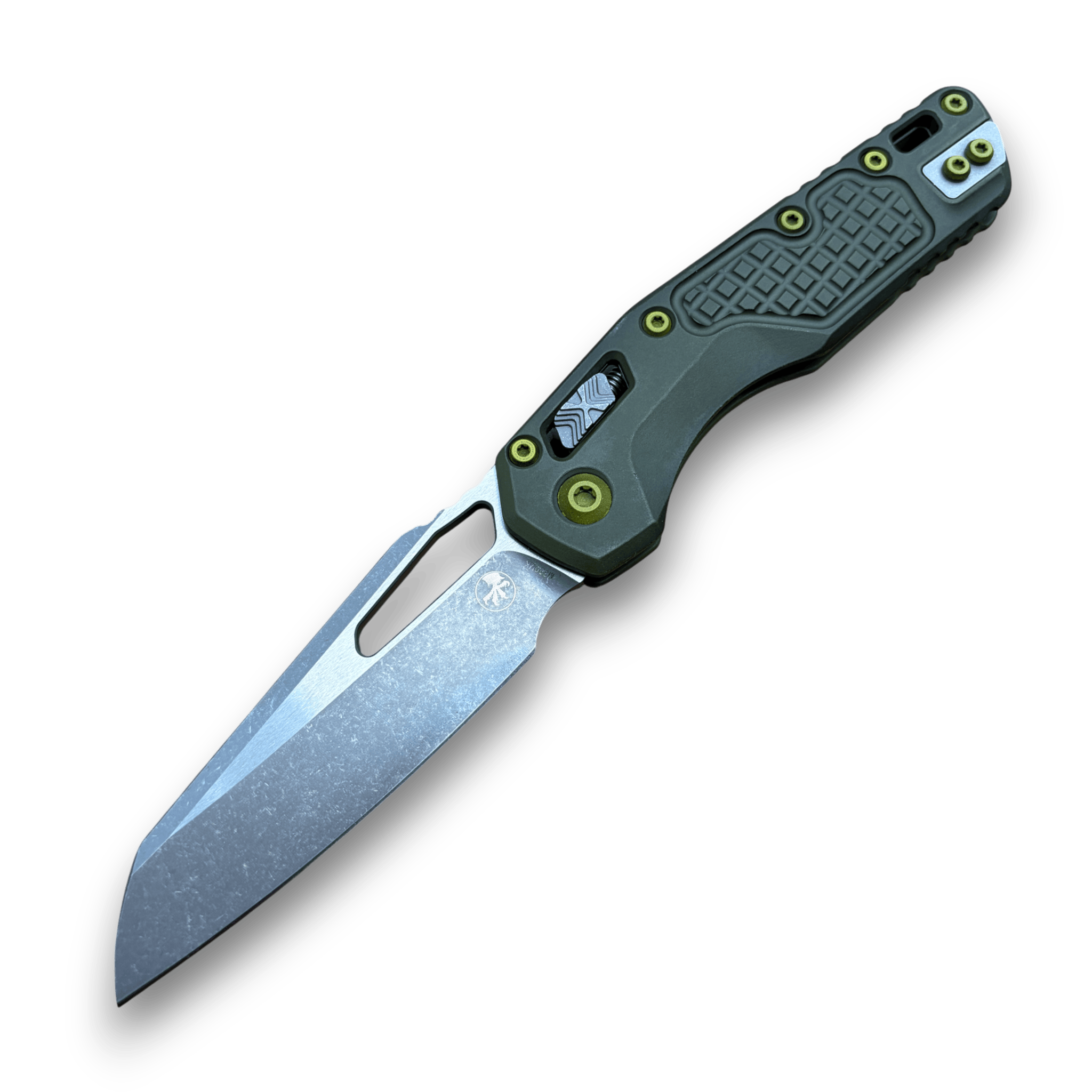Microtech MSI RAM-LOK Folding Knife – M390MK Apocalyptic Sheepsfoot, Distressed Green Aluminum Frag Handle